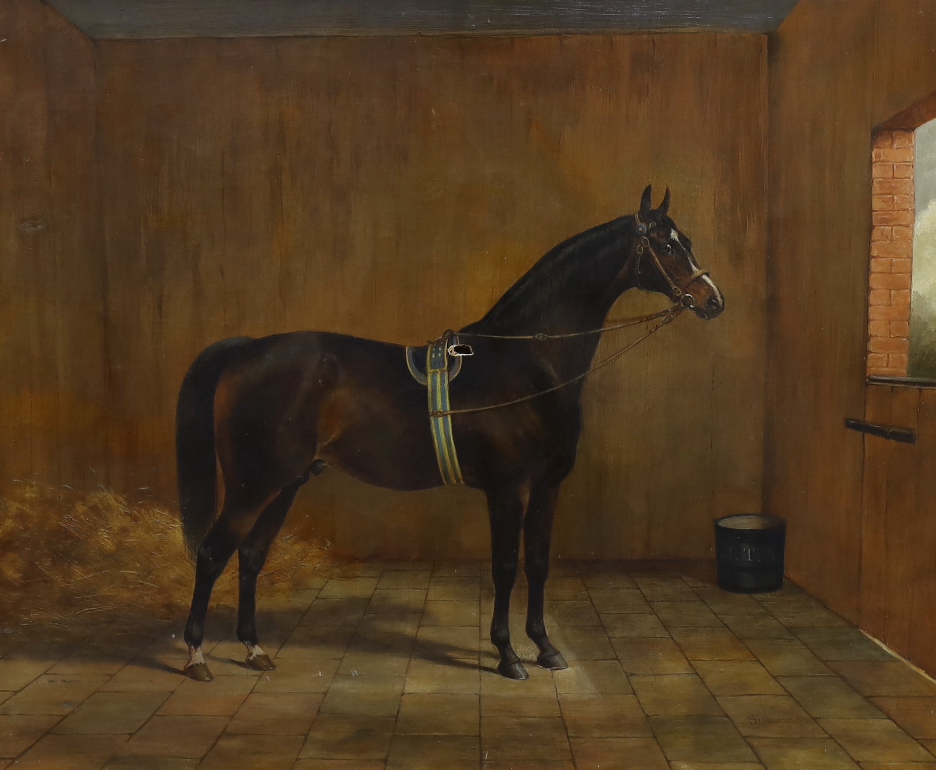 Circle of Sydney R Wombill (1857-1916), oil on canvas, Portrait of a racehorse 'Simonian', titled with label verso, 62 x 75cm, holed in the centre of the centre of the canvas